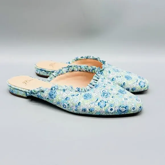 J Crew Shoes Women 8 Blue Green Floral Ruffle Trim Mule Flat Pointed Toe Slip On - Picture 2 of 12